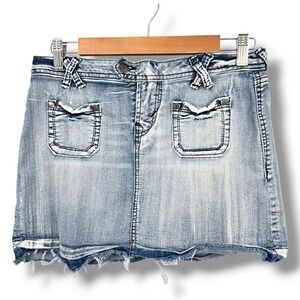 WallFlower Denim Mini Skirt Frayed Hem Pockets Y2K Light Wash Blue Size 7‎
